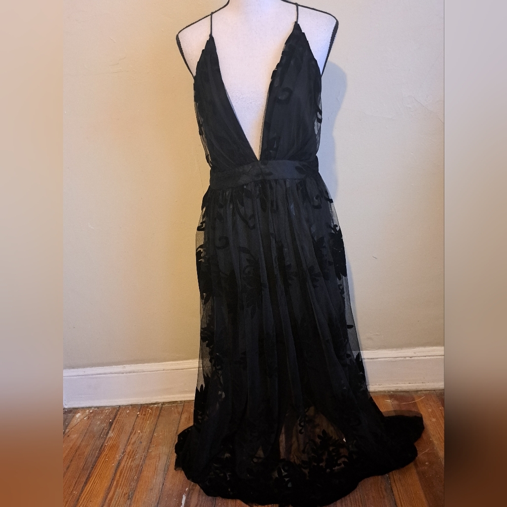 Windsor Black Sheer Floral Velvet Appliqué Plunge Maxi Dress